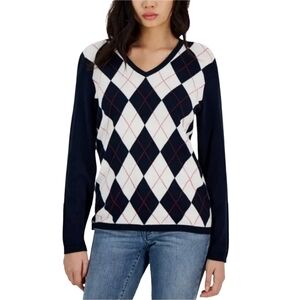 TOMMY HILFIGER Womens Cotton Argyle V-Neck Sweater Navy White Long Sleeves Sz XL